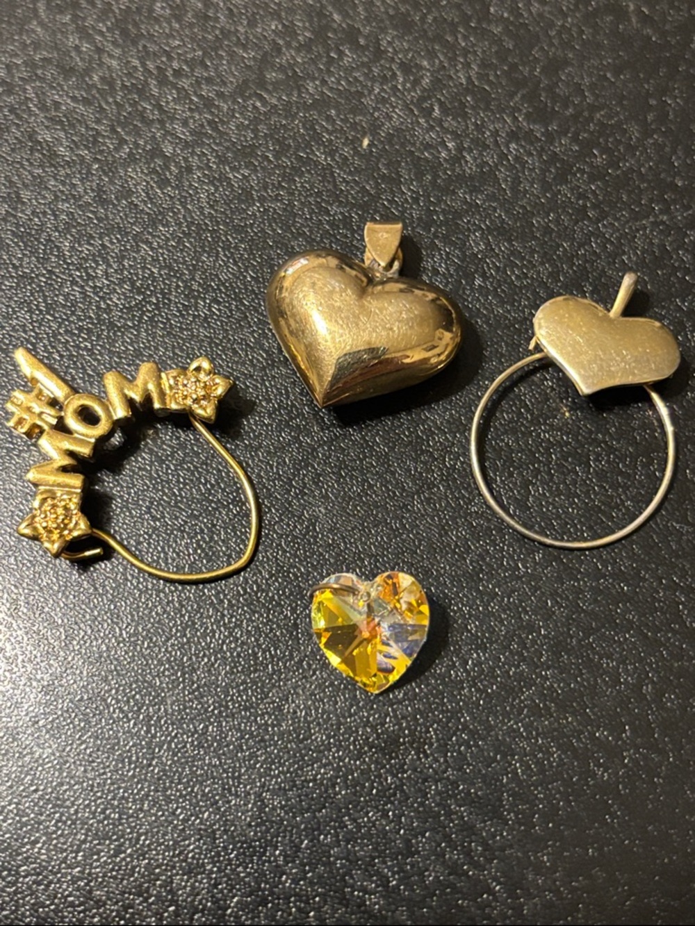 Gold Heart Pendants, #1 Mom,‎ and Crystal Heart Charm - Women's Jewelry